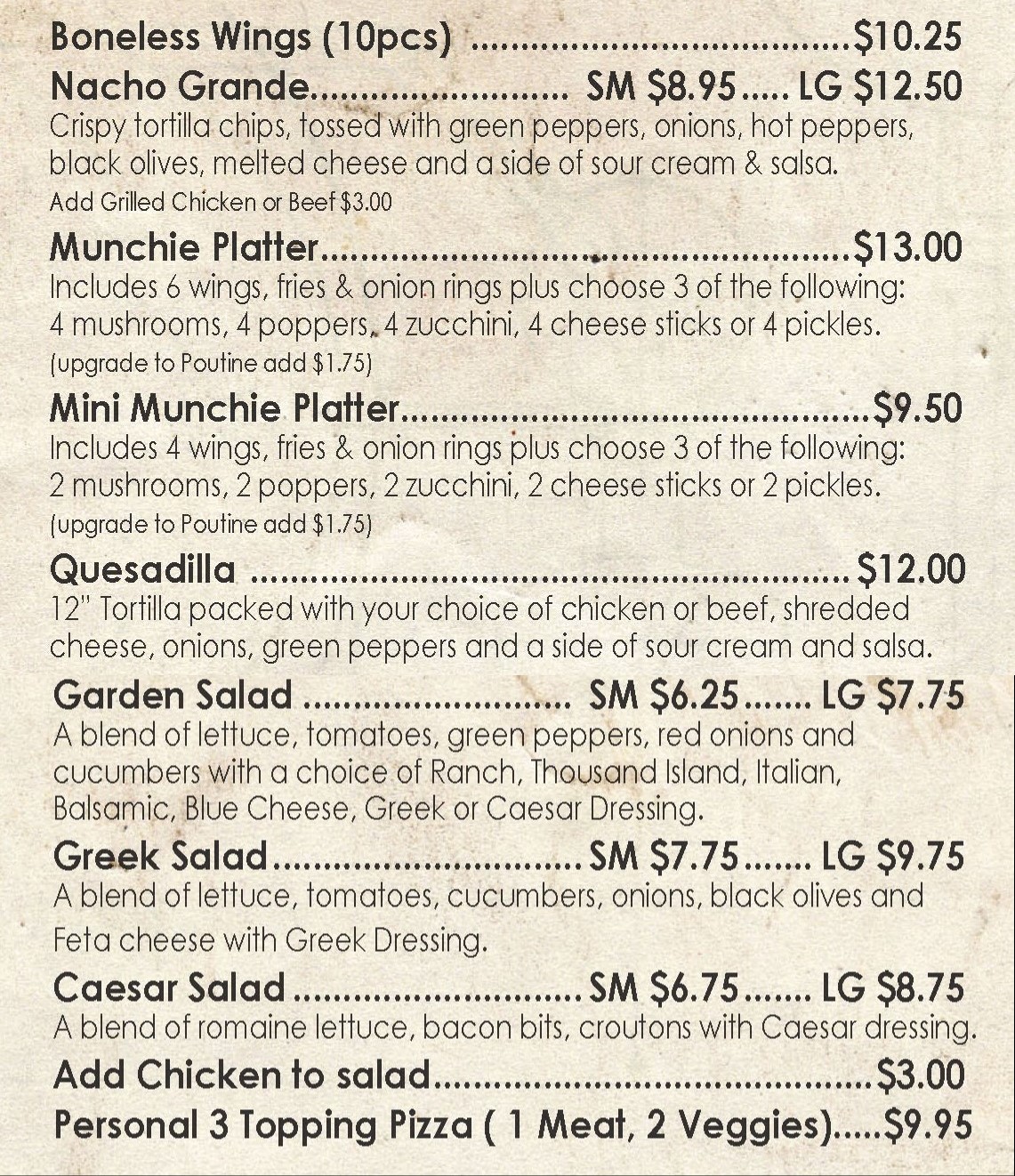 Munchies & Salads Menu