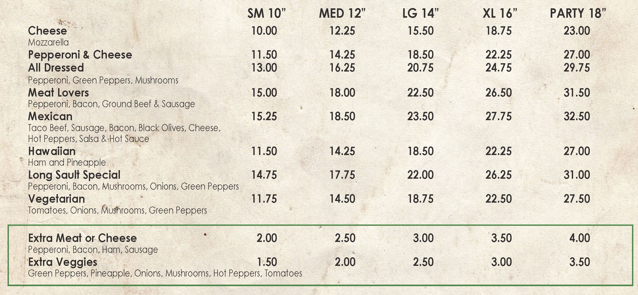 Pizza Menu