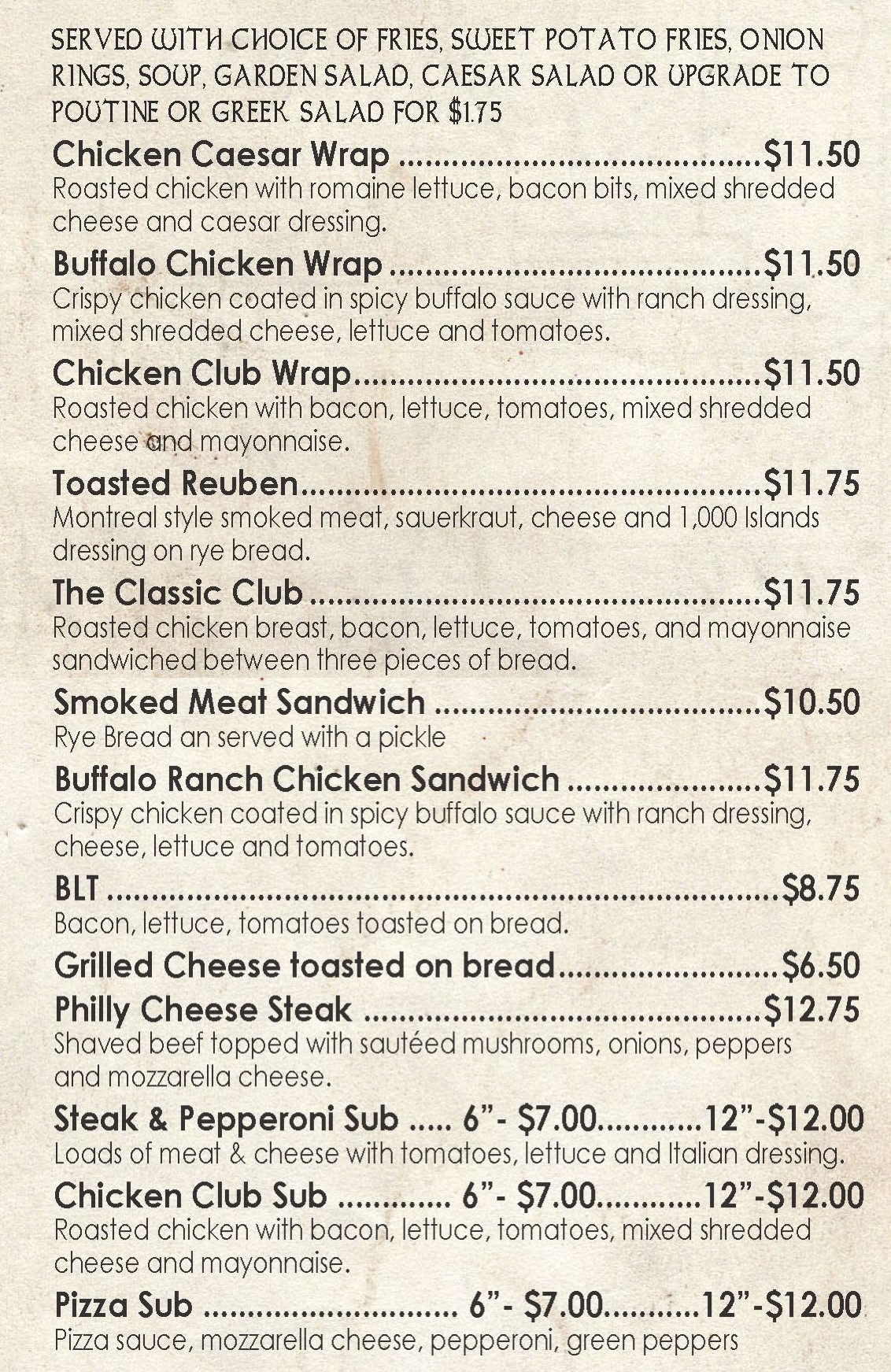 Wraps, Sandwiches & Submarines Menu